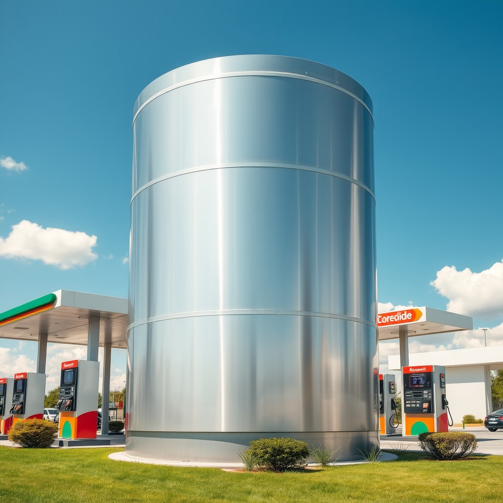 A side view of a cylindrical fuel tank at a gas station, featuring a sleek metallic surface that reflects sunlight