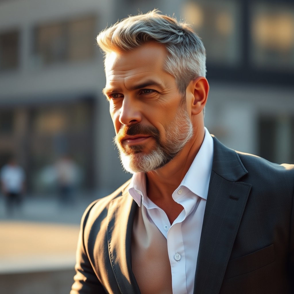 A strong and handsome 53-year-old male, with an athletic build and a distinguished appearance