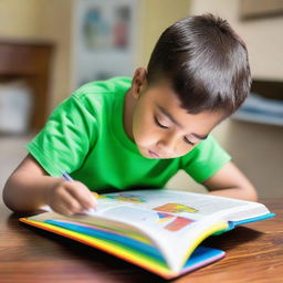 A young boy engrossed in reading a large, colorful book