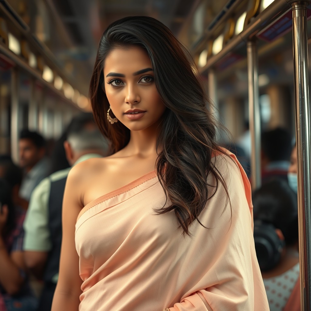 A beautiful woman wearing a sleeveless saree, elegantly draping the fabric around her body