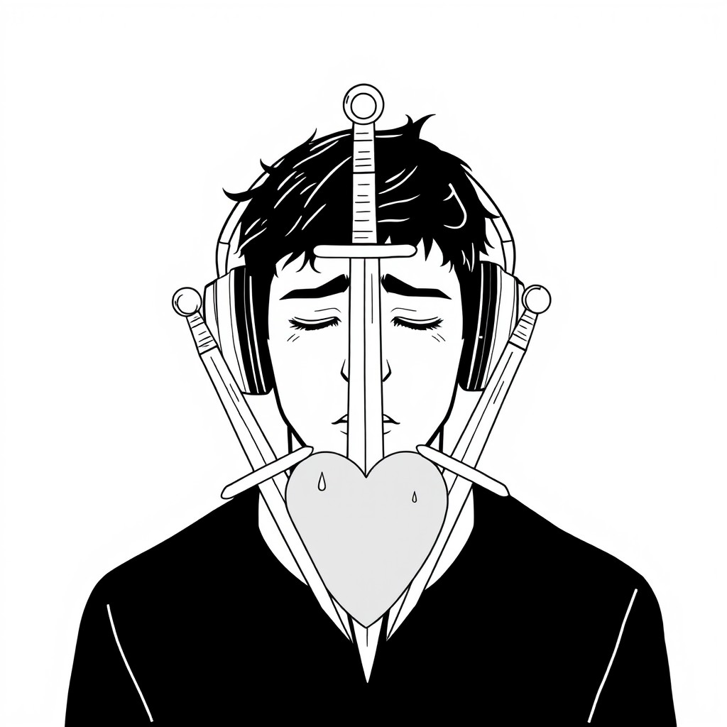 A minimalist black and white illustration of a man listening to music with headphones