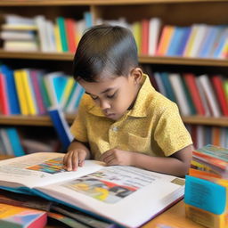 A young boy engrossed in reading a large, colorful book