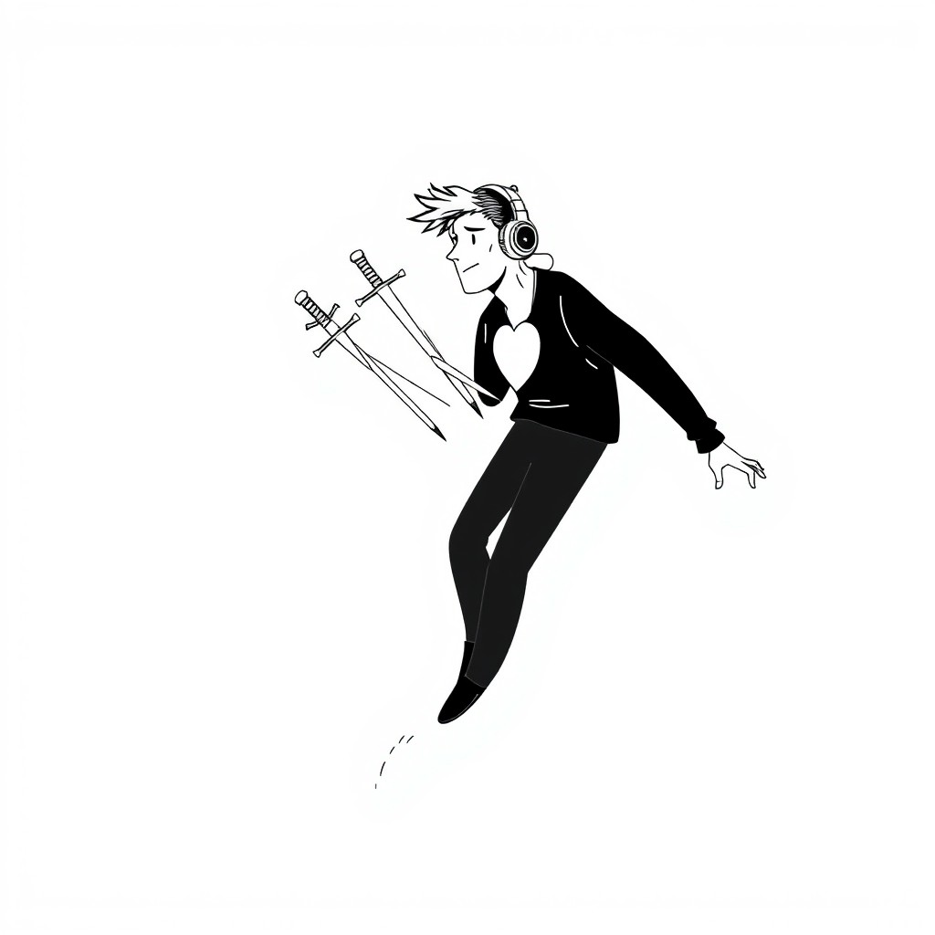A minimalist black and white illustration of a man flying upwards while listening to music with headphones