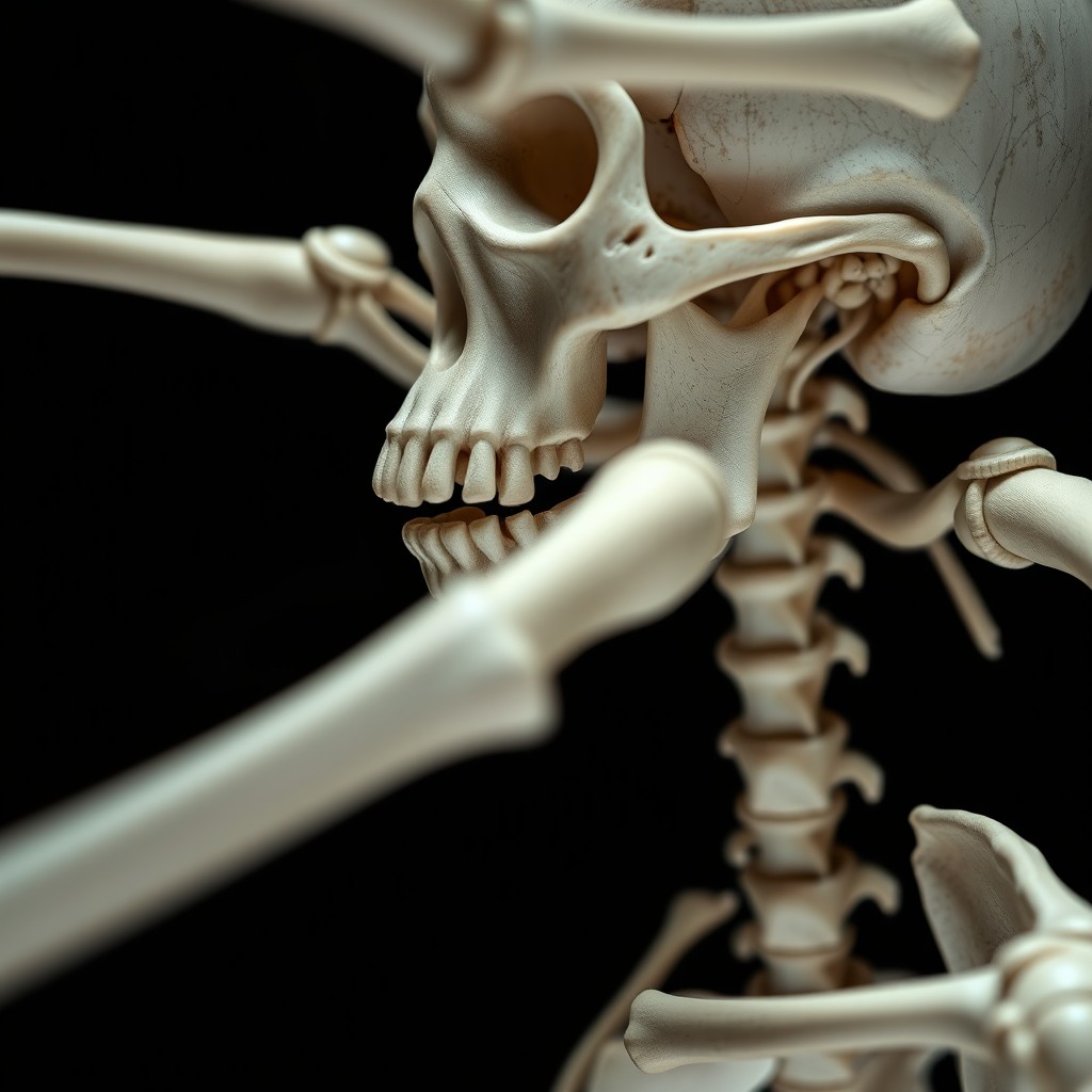 A highly detailed and artistic representation of a human skeleton, showcasing the intricate structure of bones, with a focus on realism