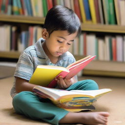 A young boy engrossed in reading a large, colorful book