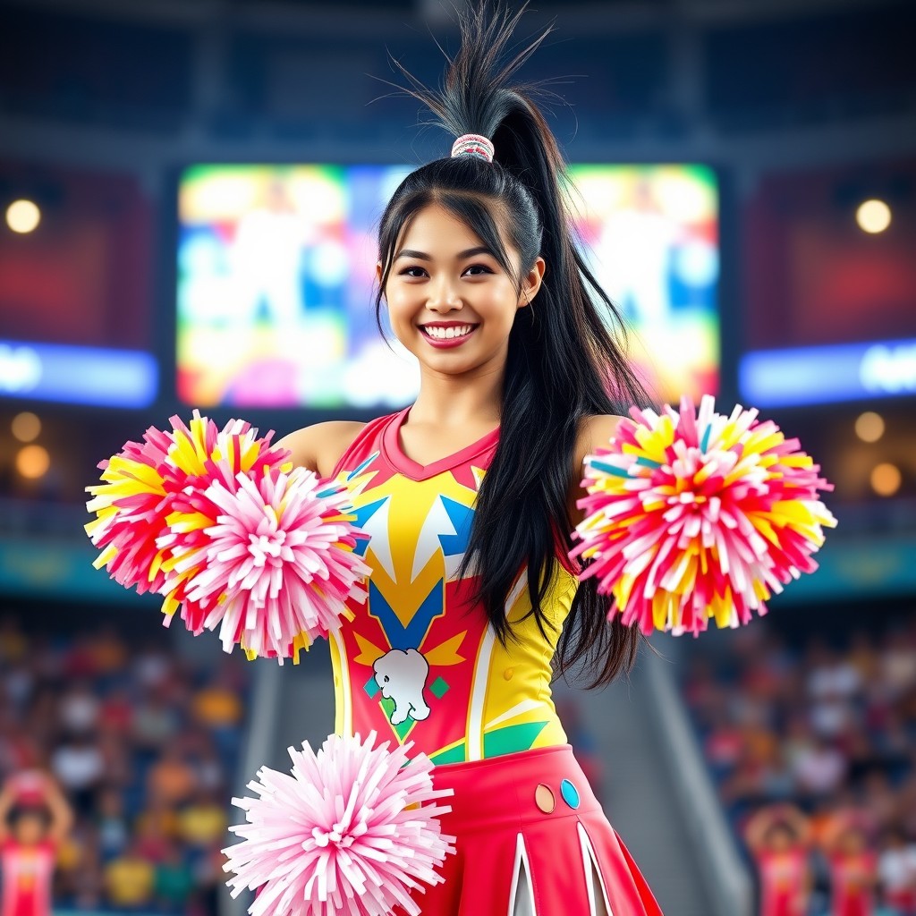 A vibrant and energetic Asian cheerleader, dressed in a colorful cheerleading outfit featuring a bright and playful design