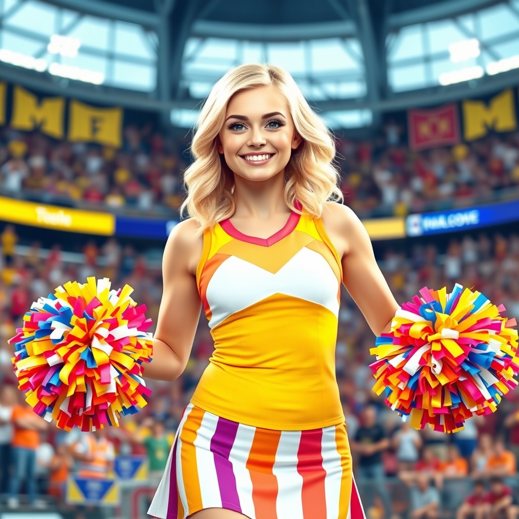 A lively and enthusiastic white cheerleader, wearing a classic cheerleading uniform with a vibrant color scheme featuring bold stripes and a matching skirt