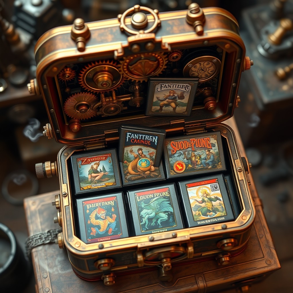 A beautifully designed steampunk box featuring intricate gears, brass fittings, and ornate woodwork