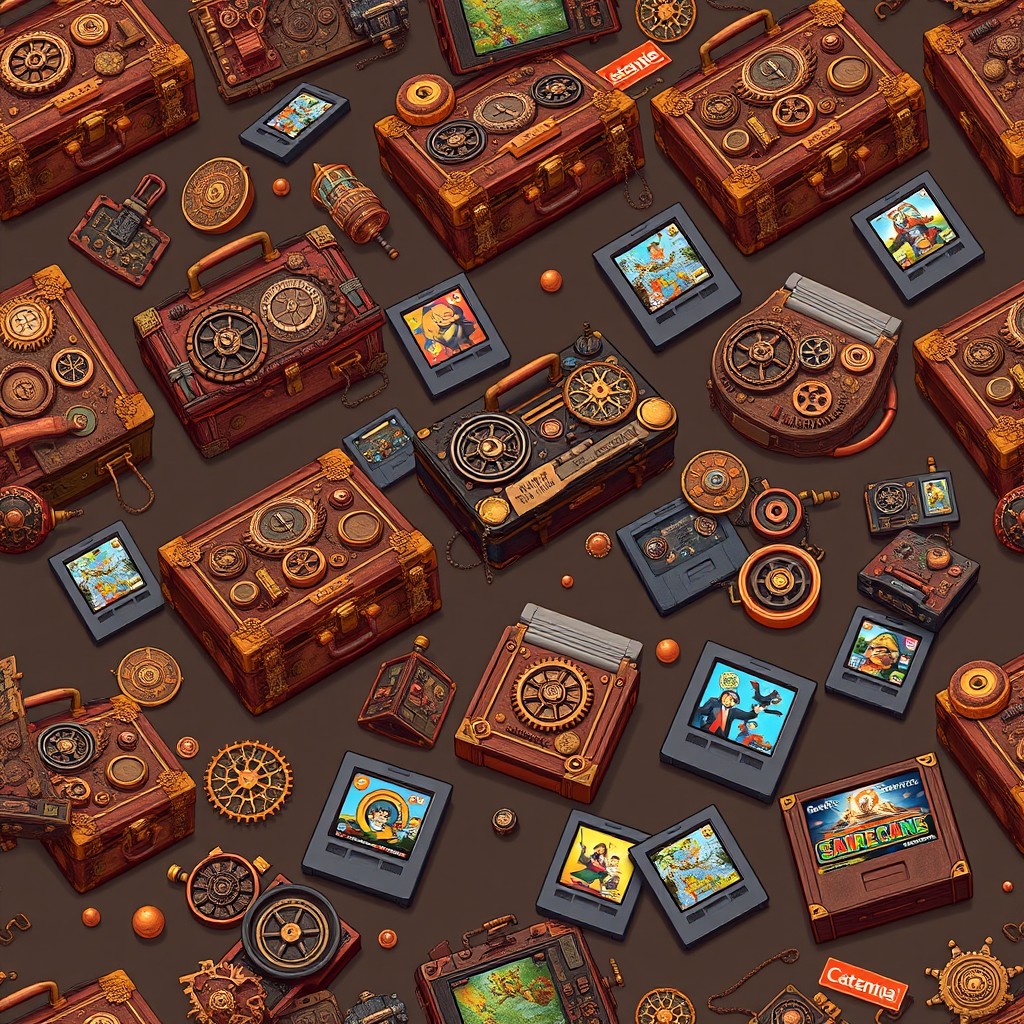 A seamless pattern featuring an elaborate design of steampunk cases, each intricately detailed with gears, copper pipes, and Victorian-style embellishments
