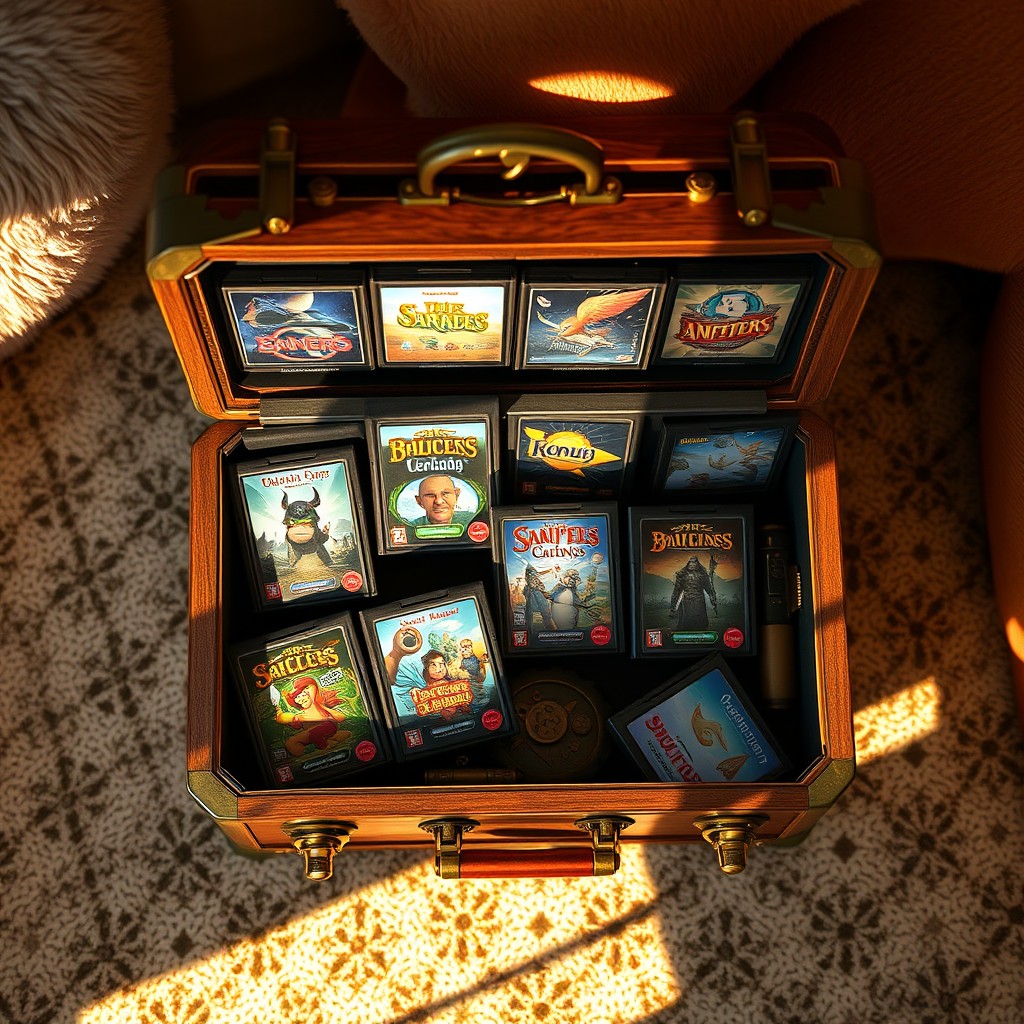A top-down view of a cozy steampunk case filled with game cartridges, depicted in warm, inviting light