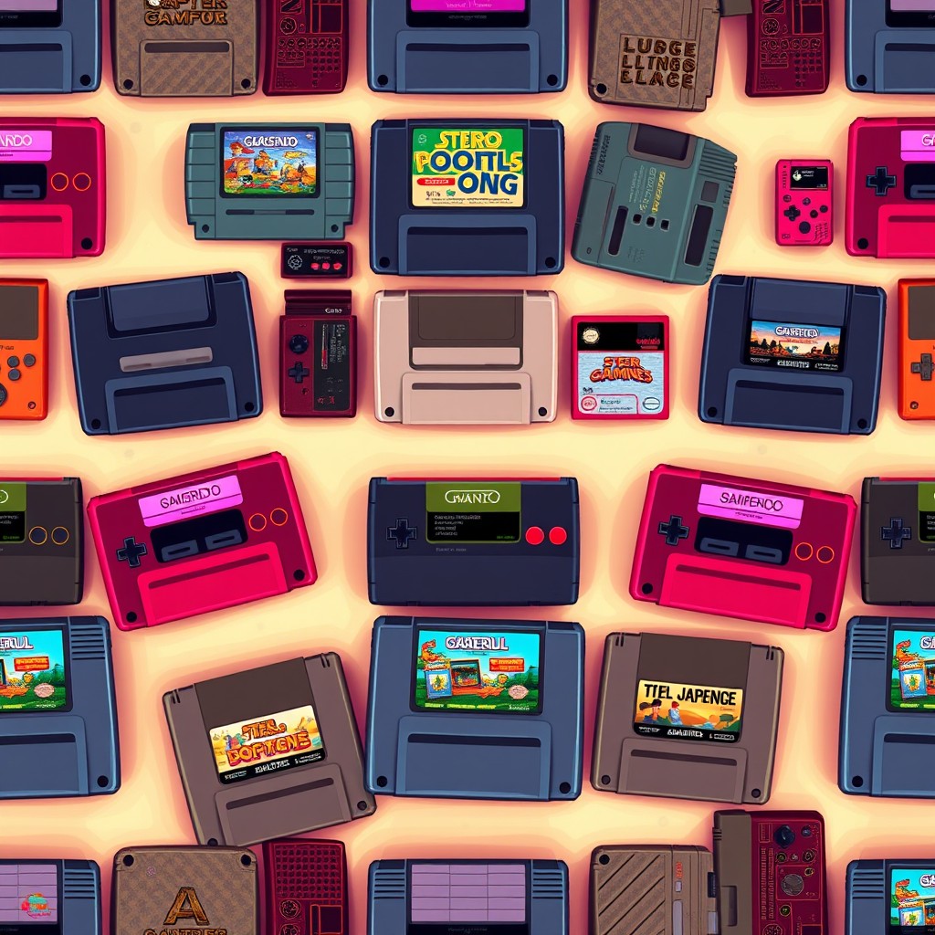 A seamless pattern showcasing a variety of retro game cartridges viewed from the top