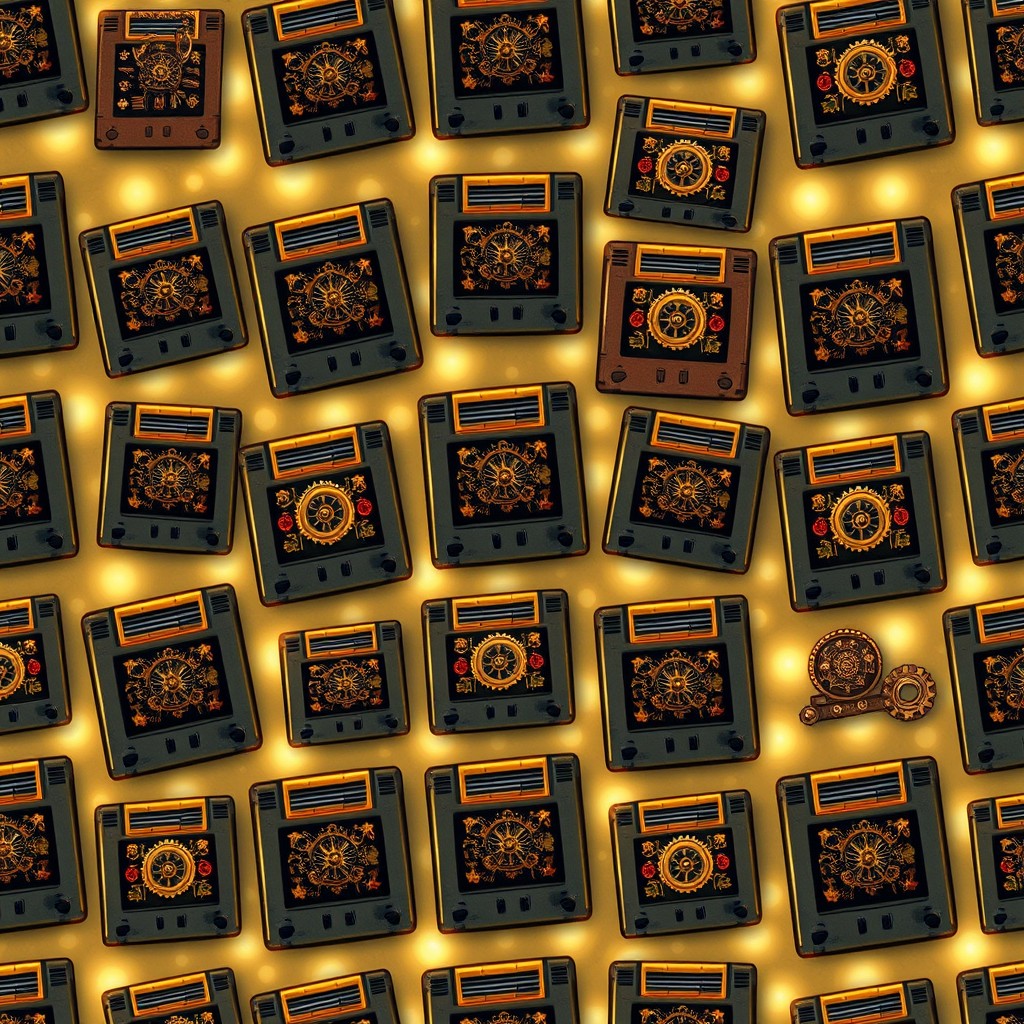 A seamless pattern featuring an array of steampunk-themed game cartridges, viewed from the top