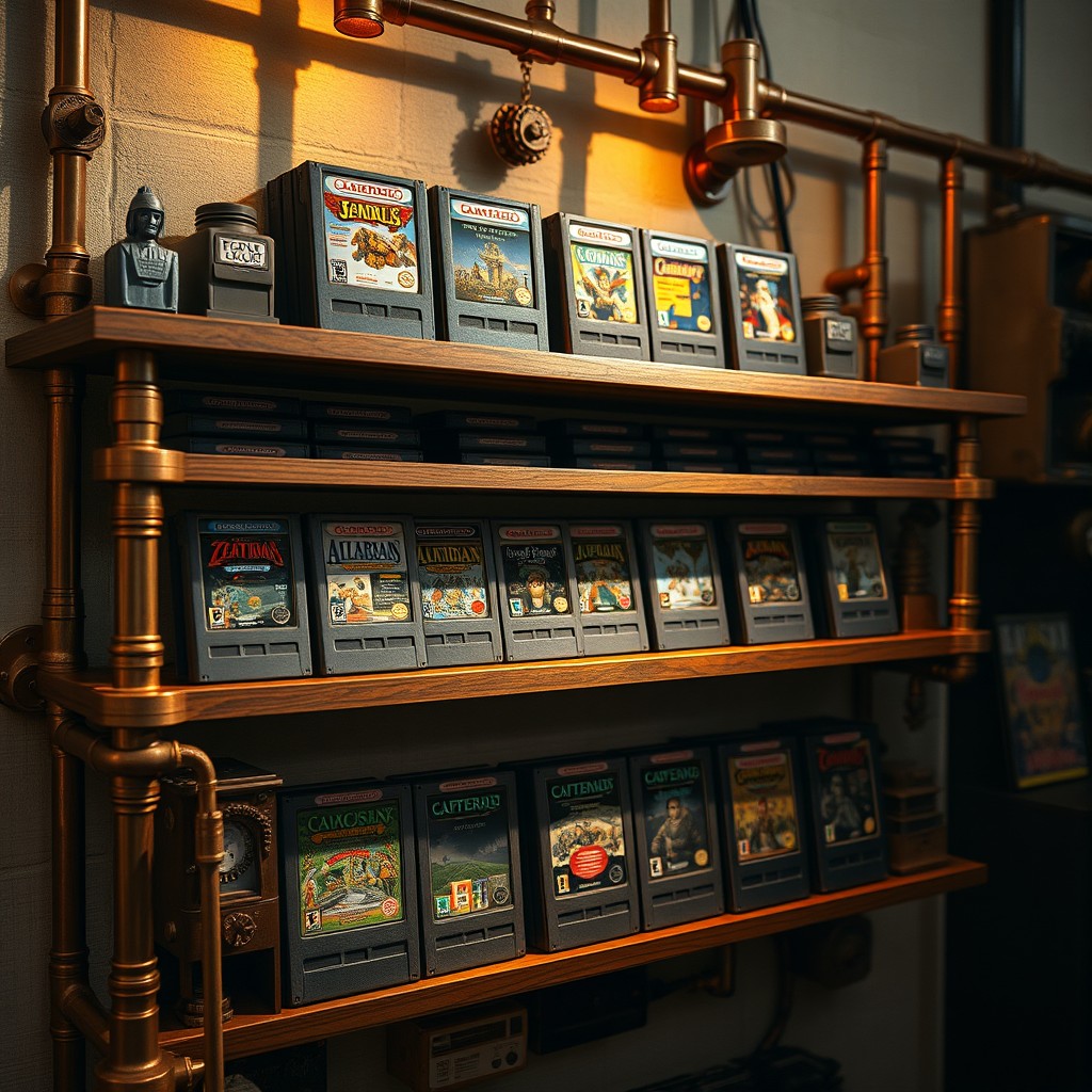 A steampunk-inspired shelf filled with vintage game cartridges, intricately designed with brass gears, copper pipes, and wooden accents