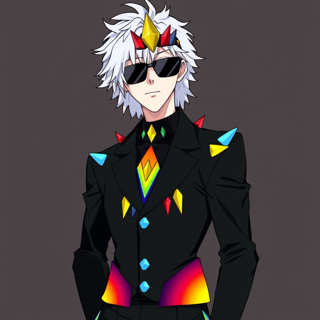 A male anime original character with white, choppy, layered hair that falls around his face and neck in a slightly messy, ungroomed fashion
