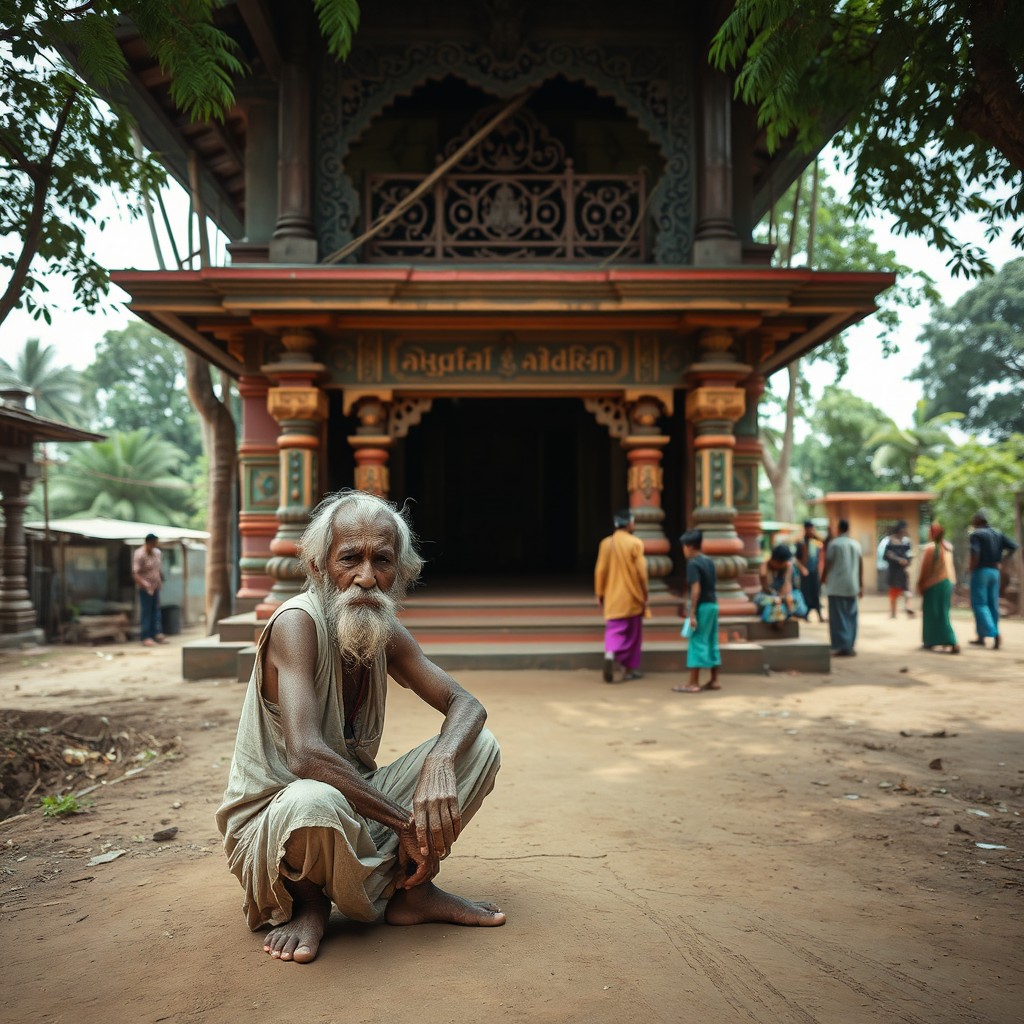 A beggar sitting at the entrance of a traditional Mandir in a rural Indian village