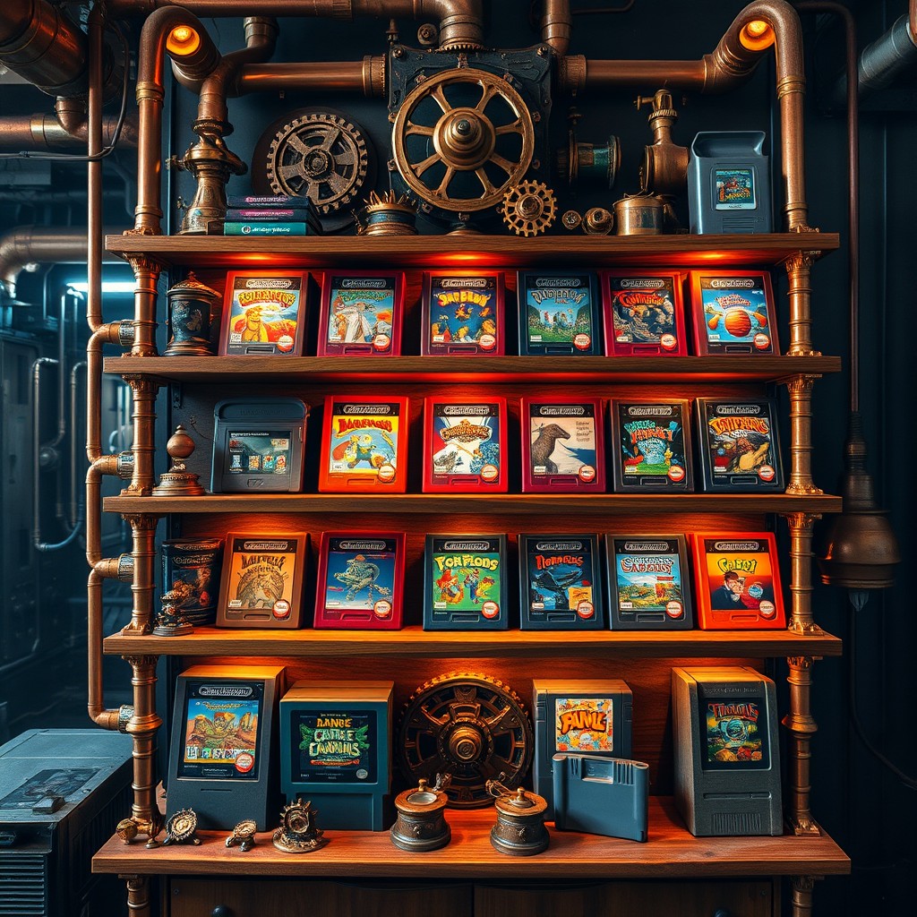 A front view of a steampunk-inspired shelf filled with vintage game cartridges