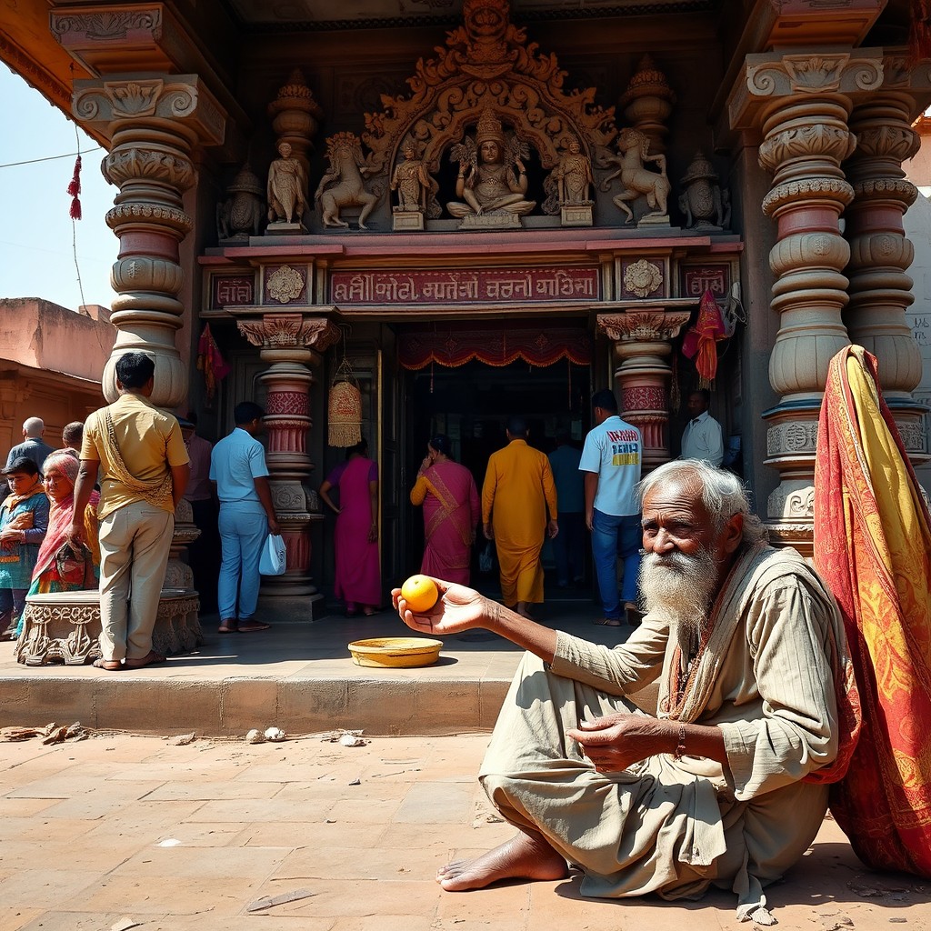 A beggar sitting near the entrance of a traditional Mandir in a rural Indian village, refusing both fruits and money offered by passersby