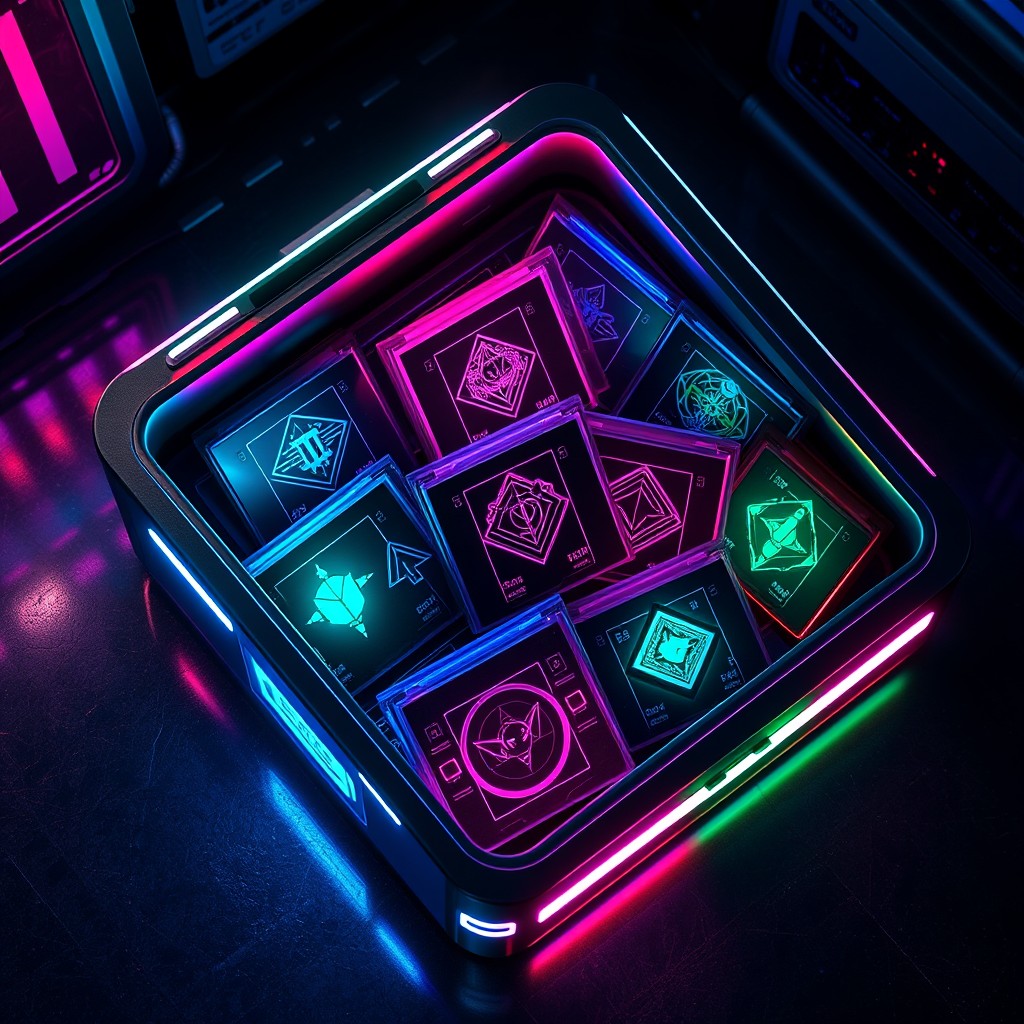 A top view of a cyberpunk-themed box filled with an array of futuristic game cartridges