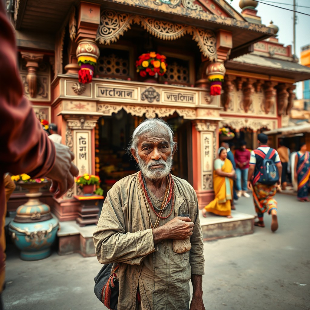 A beggar standing near the entrance of a traditional Mandir, firmly refusing money offered by a passerby