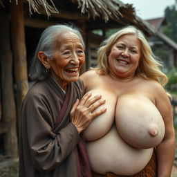 In a medieval Indonesian village, an elderly Indonesian woman, very petite and malnourished, is depicted with decayed teeth, wearing a long, fully-closed Buddhist robe