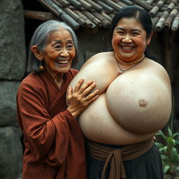 In a medieval Chinese village, an elderly Indonesian woman, very petite and malnourished, is depicted with decayed teeth, wearing a long, fully-closed Buddhist robe