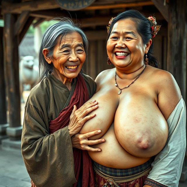 In a medieval Chinese village, an elderly Indonesian woman, very petite and malnourished, is depicted with decayed teeth, wearing a long, fully-closed Buddhist robe