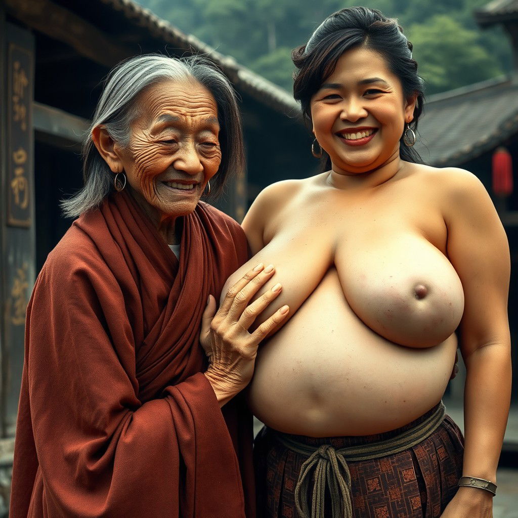 In a medieval Chinese village, an elderly Indonesian woman, very petite and malnourished, is depicted with decayed teeth, wearing a long, fully-closed Buddhist robe