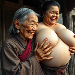In a medieval Chinese village, an elderly Indonesian woman, very petite and malnourished, is depicted with decayed teeth, wearing a long, fully-closed Buddhist robe