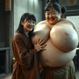 In a medieval Chinese house, a young Indonesian woman, very short and emaciated, is depicted revealing her decayed teeth while wearing a long, fully closed Buddhist cloak