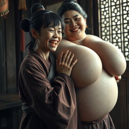 In a medieval Chinese house, a young Indonesian woman, very short and emaciated, is depicted revealing her decayed teeth while wearing a long, fully closed Buddhist cloak