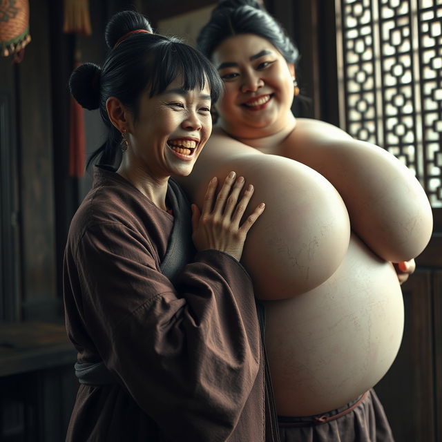 In a medieval Chinese house, a young Indonesian woman, very short and emaciated, is depicted revealing her decayed teeth while wearing a long, fully closed Buddhist cloak