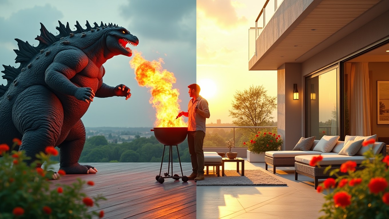 A half split image featuring a humorous scene of a man joyfully barbecuing on a terrace