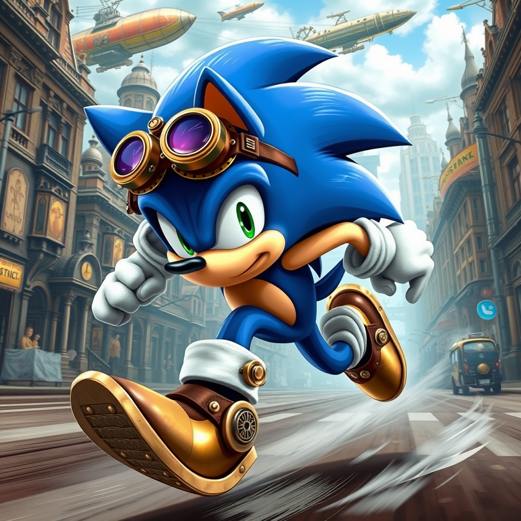 A steampunk version of Sonic the Hedgehog sprinting with incredible speed, featuring a detailed design with metallic and brass elements