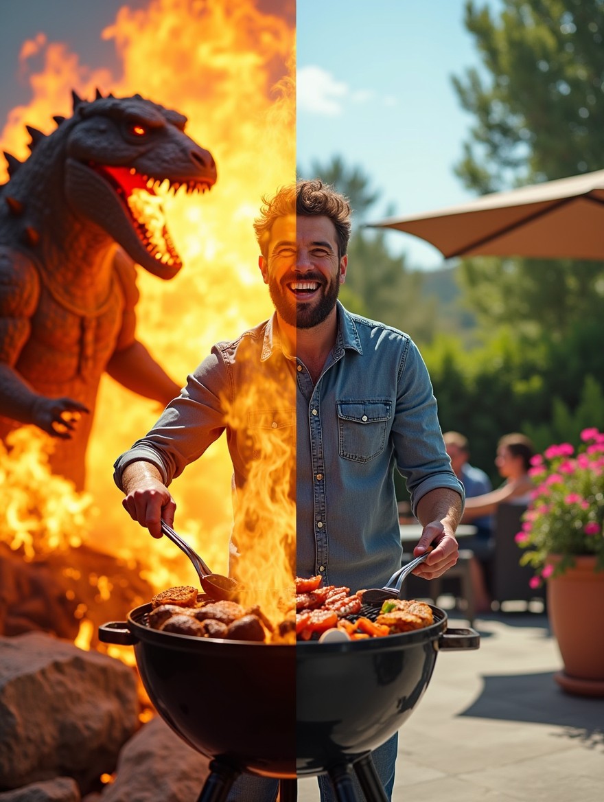 A close-up portrait half split image of a humorous man joyfully barbecuing on a terrace