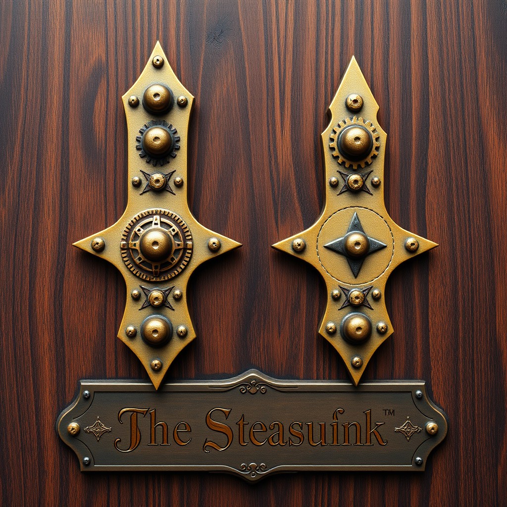 A pair of steampunk-style up and down arrows designed with intricate brass and copper elements