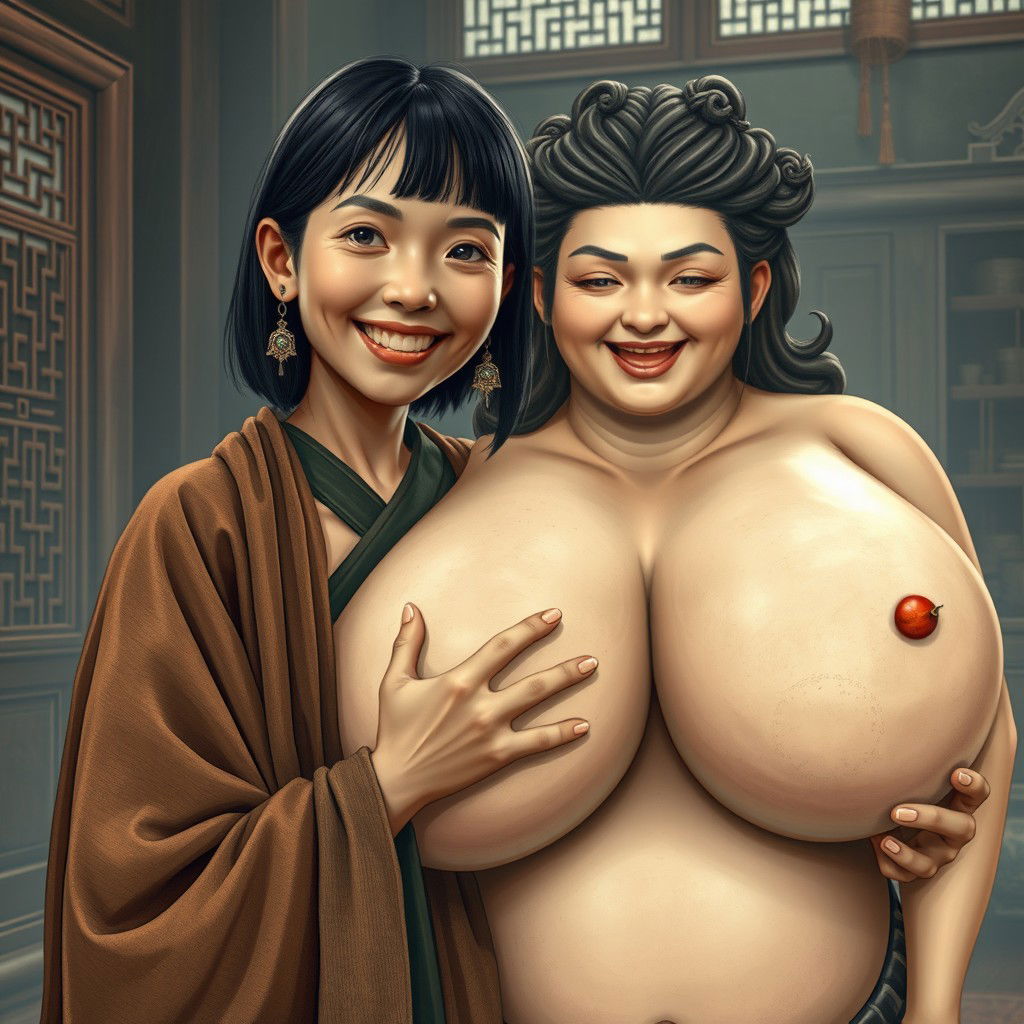 In a medieval Chinese house, a young Indonesian woman, very short and emaciated, is illustrated with decayed teeth, wearing a long, fully closed Buddhist cloak