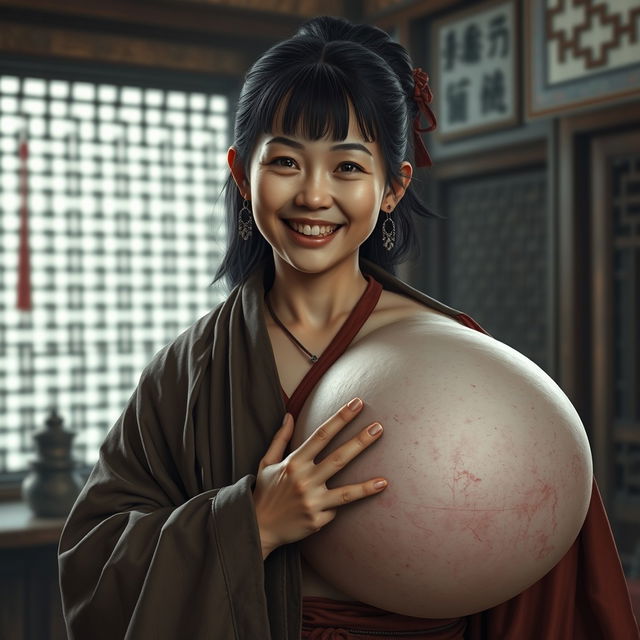 In a medieval Chinese house, a young Indonesian woman, very short and emaciated, is illustrated with decayed teeth, wearing a long, fully closed Buddhist cloak