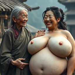 In a medieval Chinese village, an elderly Indonesian woman, very short and emaciated, is depicted showing her decayed teeth while wearing a long, fully closed Buddhist cloak