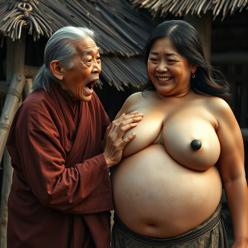 In a medieval Indonesian village, a short, emaciated elderly Indonesian woman is loudly shouting while dressed in a long, fully enclosed Buddhist robe with medium-length hair