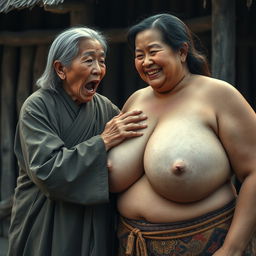 In a medieval Indonesian village, a short, emaciated elderly Indonesian woman is loudly shouting while dressed in a long, fully enclosed Buddhist robe with medium-length hair