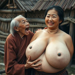 In a medieval Indonesian village, a short, emaciated elderly Indonesian woman is loudly shouting while dressed in a long, fully enclosed Buddhist robe with medium-length hair
