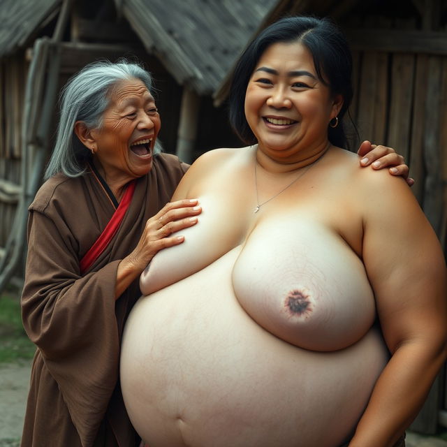 In a medieval Indonesian village, a short, emaciated elderly Indonesian woman is loudly shouting while dressed in a long, fully enclosed Buddhist robe with medium-length hair