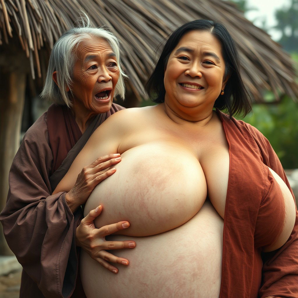 In a medieval Indonesian village, a short, emaciated elderly Indonesian woman is loudly shouting while dressed in a long, fully enclosed Buddhist robe with medium-length hair
