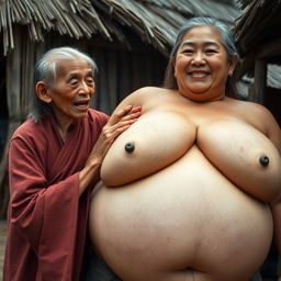 In a medieval Indonesian village, a short, emaciated elderly Indonesian woman is loudly shouting while dressed in a long, fully enclosed Buddhist robe with medium-length hair