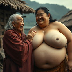 In a medieval Indonesian village, a short, emaciated elderly Indonesian woman is loudly shouting while dressed in a long, fully enclosed Buddhist robe with medium-length hair