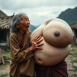In a medieval Indonesian village, a short, emaciated elderly Indonesian woman is loudly shouting while dressed in a long, fully enclosed Buddhist robe with medium-length hair