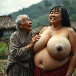 In a medieval Indonesian village, a short, emaciated elderly Indonesian woman is loudly shouting while dressed in a long, fully enclosed Buddhist robe with medium-length hair