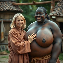 In a medieval village, a very short and undernourished blonde woman is joyfully dressed in a long, fully closed Buddhist robe, with her medium-length blonde hair parted in the middle