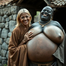 In a medieval village, a very short and undernourished blonde woman is joyfully dressed in a long, fully closed Buddhist robe, with her medium-length blonde hair parted in the middle