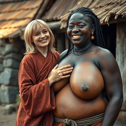 In a medieval village, a very short and undernourished blonde woman is joyfully dressed in a long, fully closed Buddhist robe, with her medium-length blonde hair parted in the middle